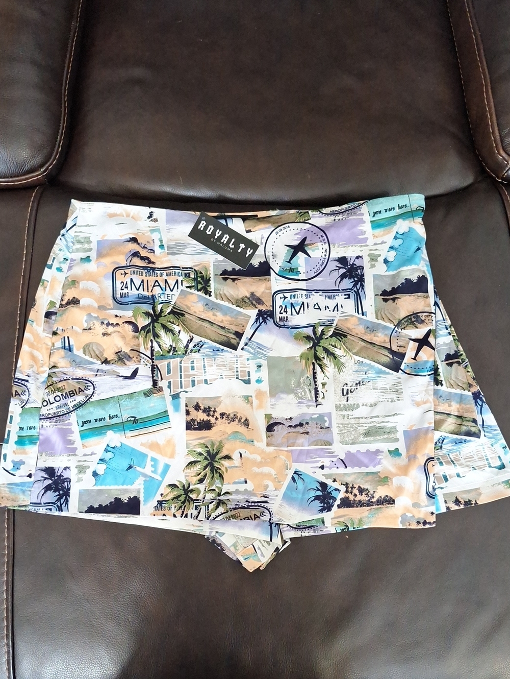 Royalty By Maluma Multi-Print Beach Postcard Skort — Blue, Tan, Purple